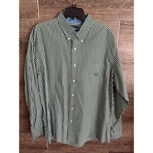 Chaps Green and White Vertical Stripe Button-Down Shirt